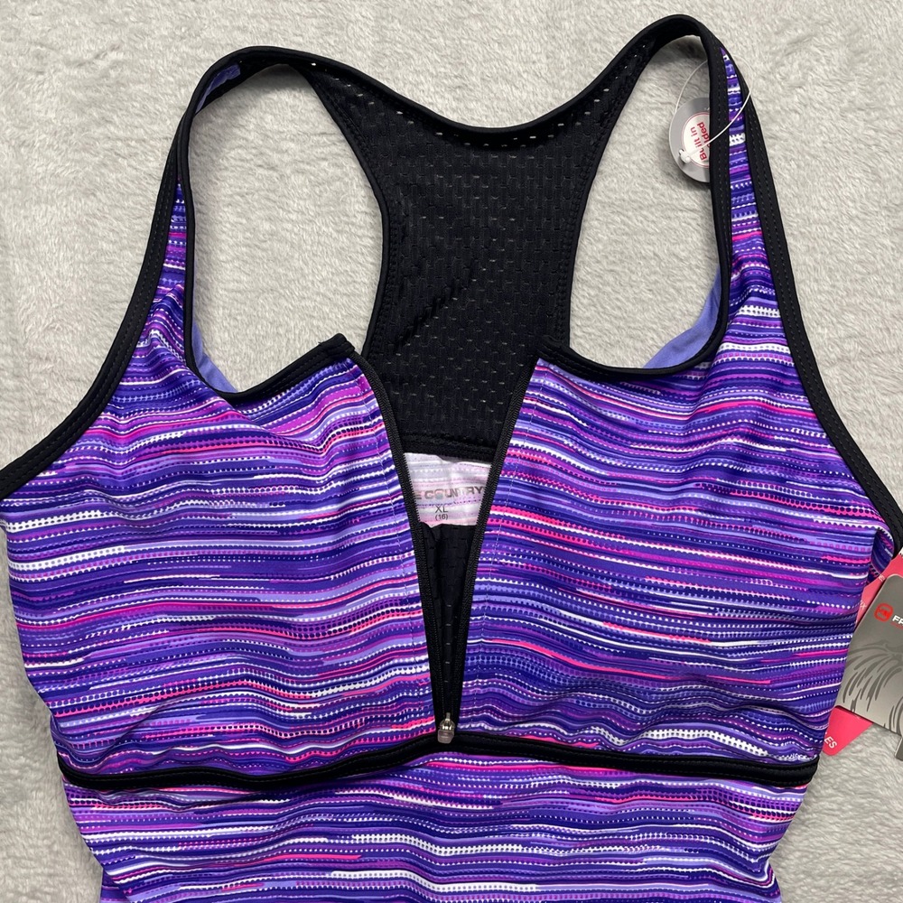 Free Country Tankini Top Women XL Purple Stripe Zip Front Racerback NEW - Picture 7 of 13